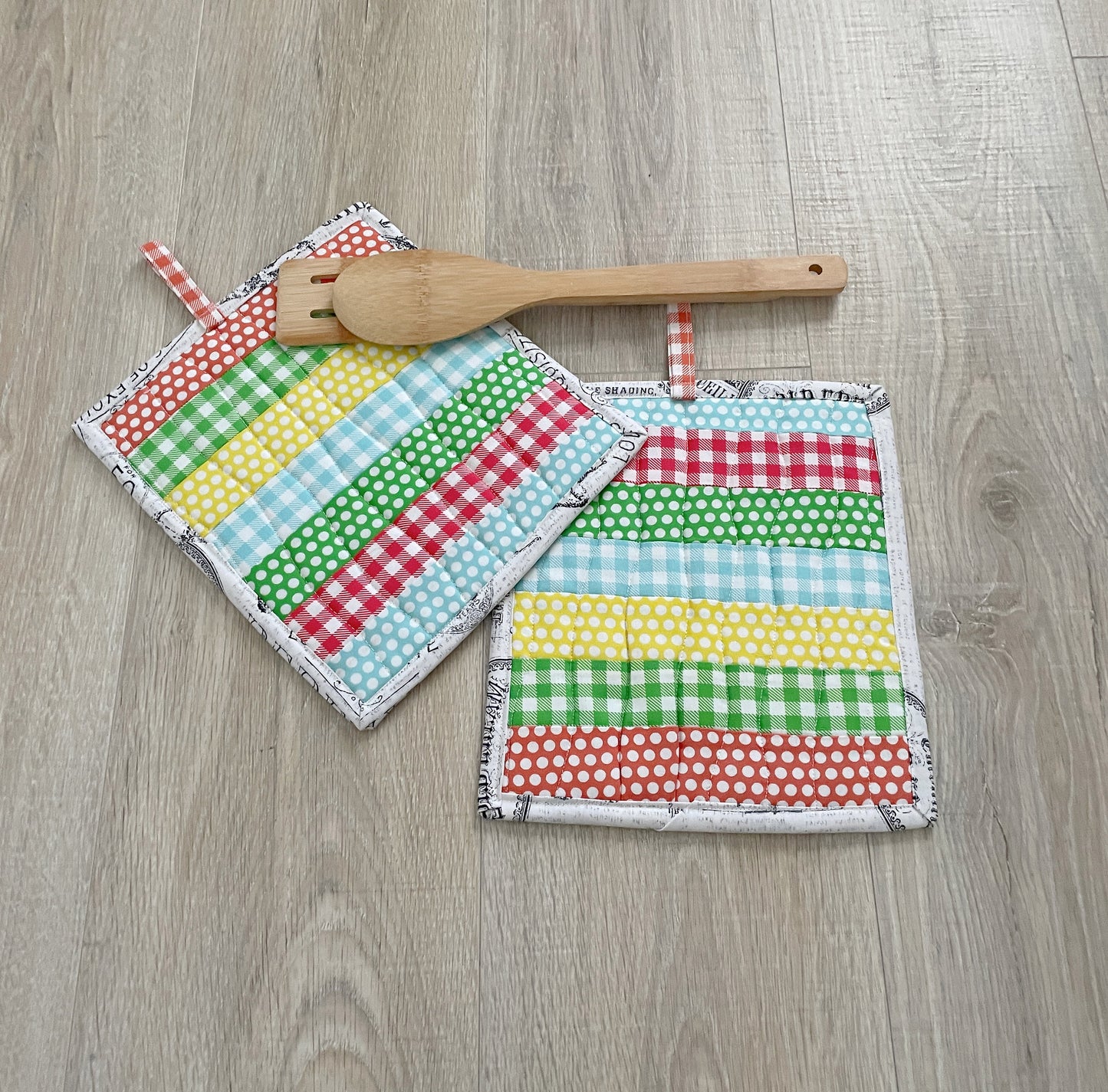 Spring Log Cabin Handmade Quilted Pocket Potholders,
