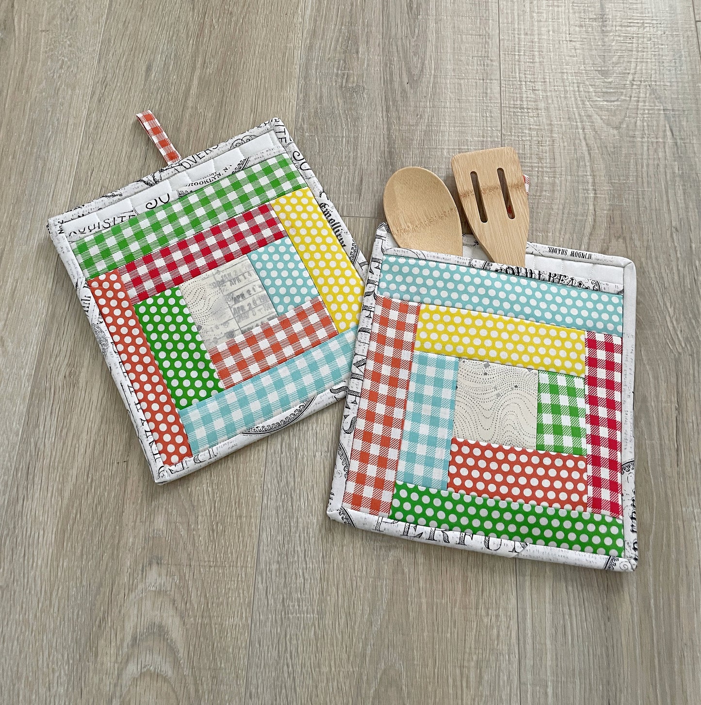 Spring Log Cabin Handmade Quilted Pocket Potholders,