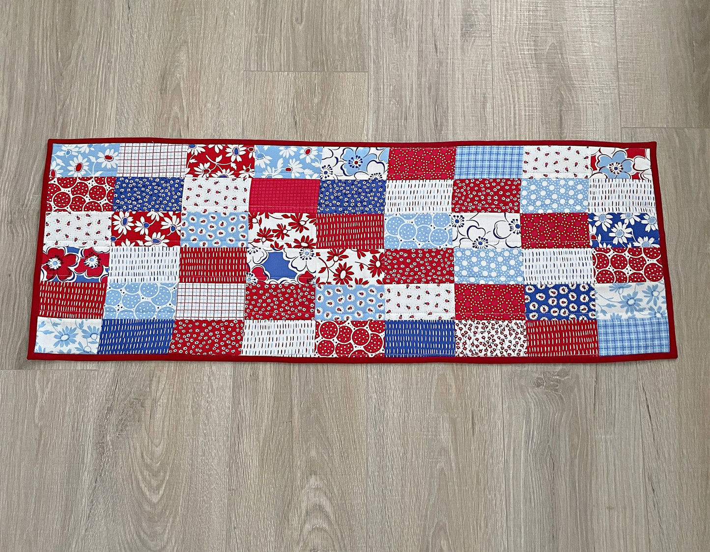 Handmade Quilted Table Runner, Red White and Blue Retro Floral Runner,