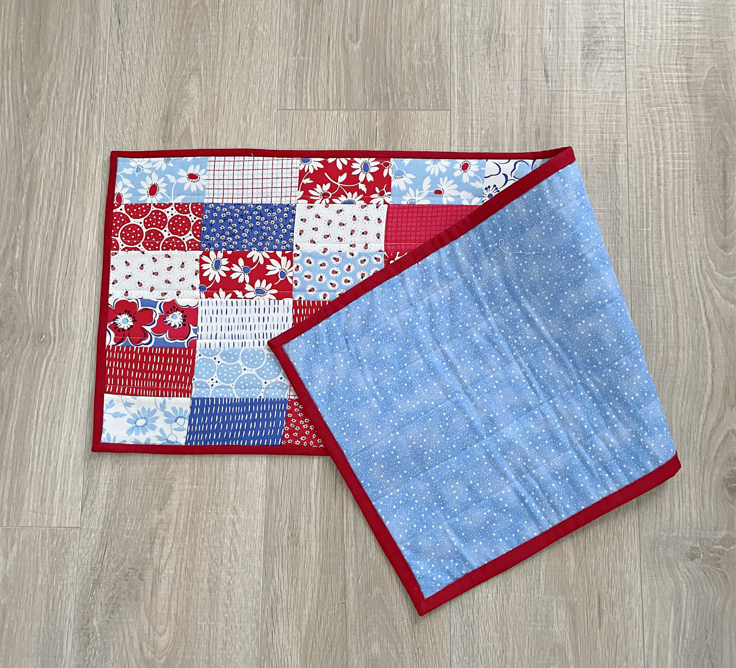 Handmade Quilted Table Runner, Red White and Blue Retro Floral Runner,
