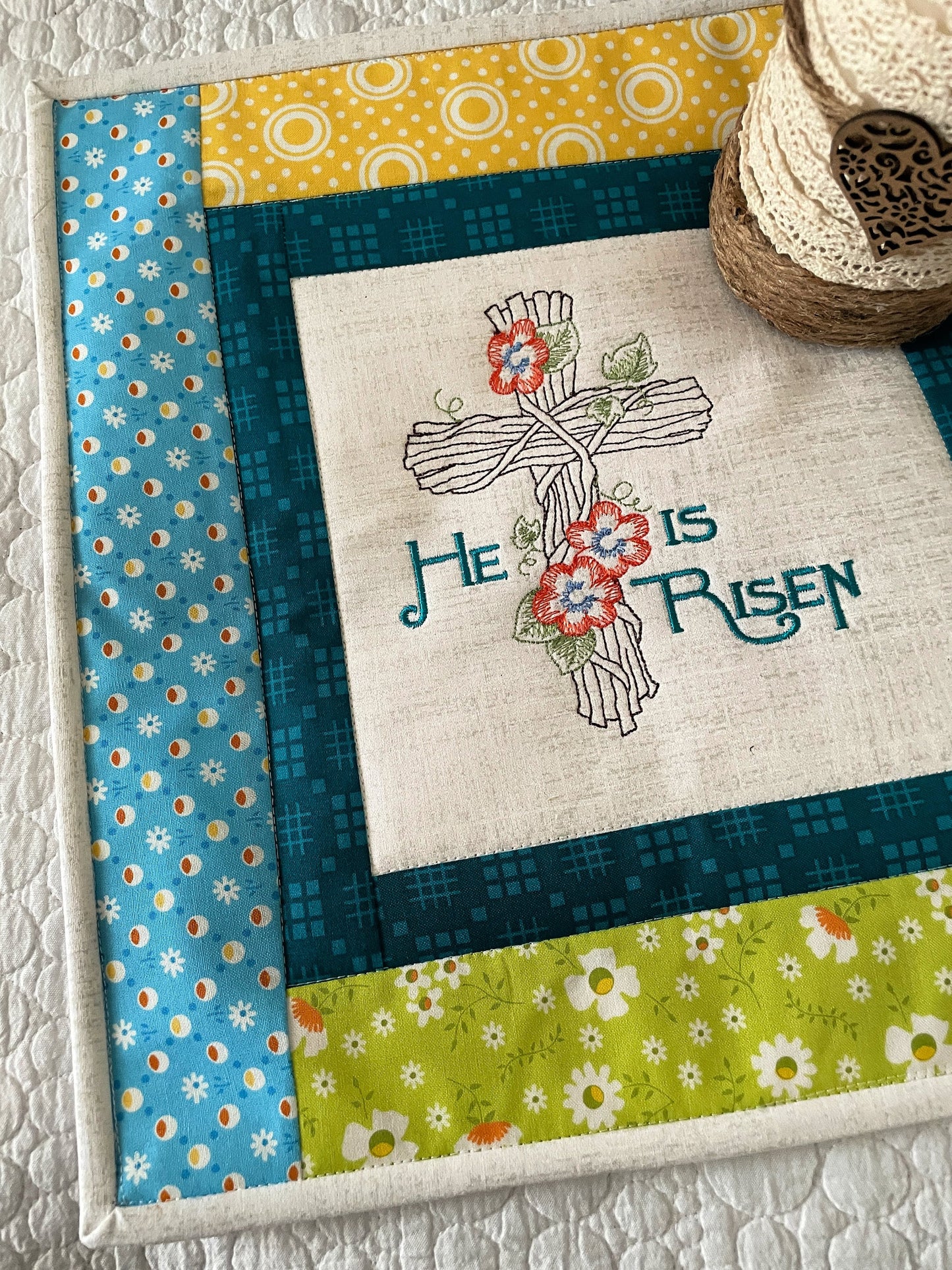 Handmade Mini Quilt with Embroidery, Easter Decor