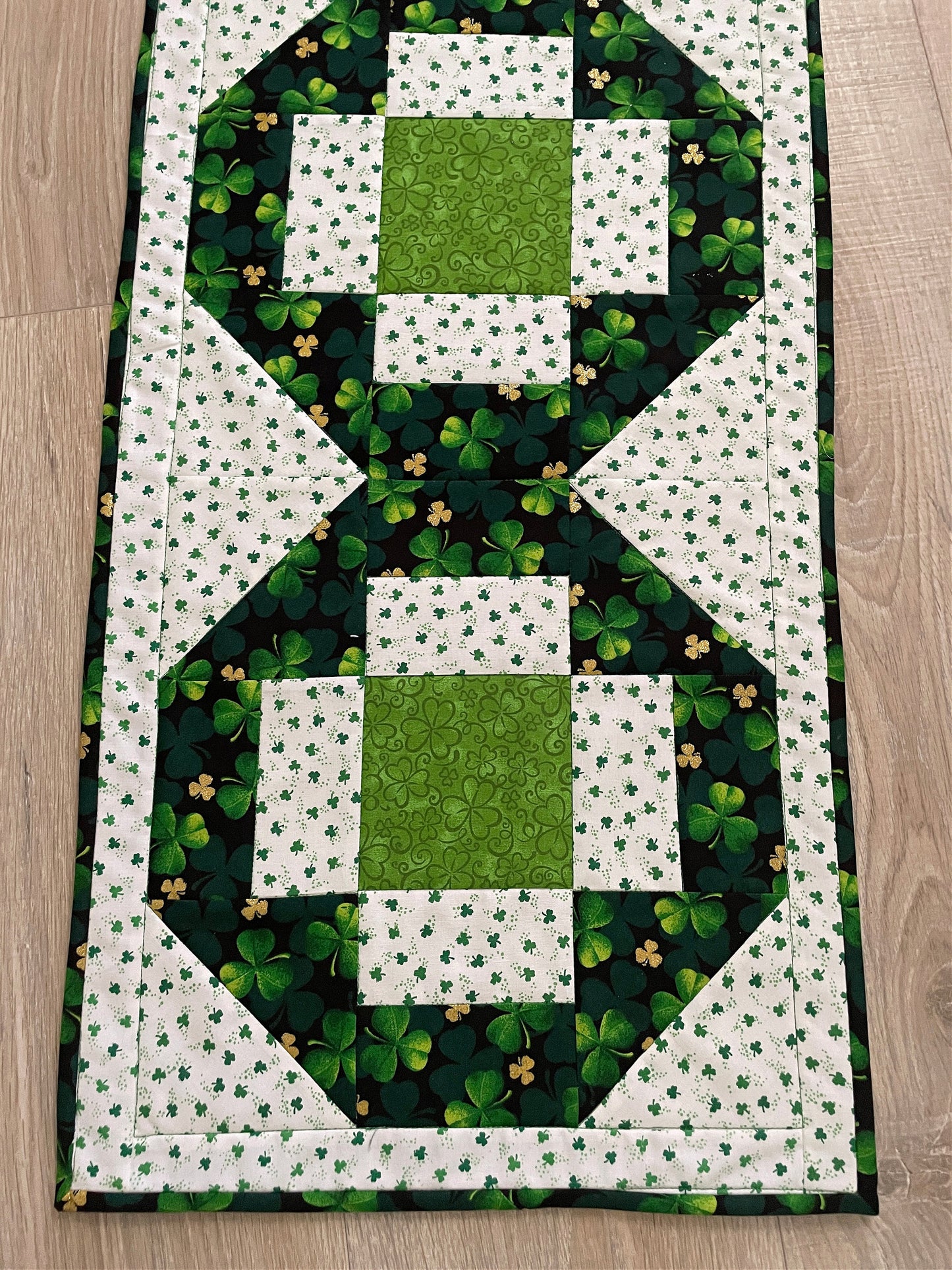 Handmade Green and White St. Patrick's Day Table Runner, Modern Cross Patchwork Design