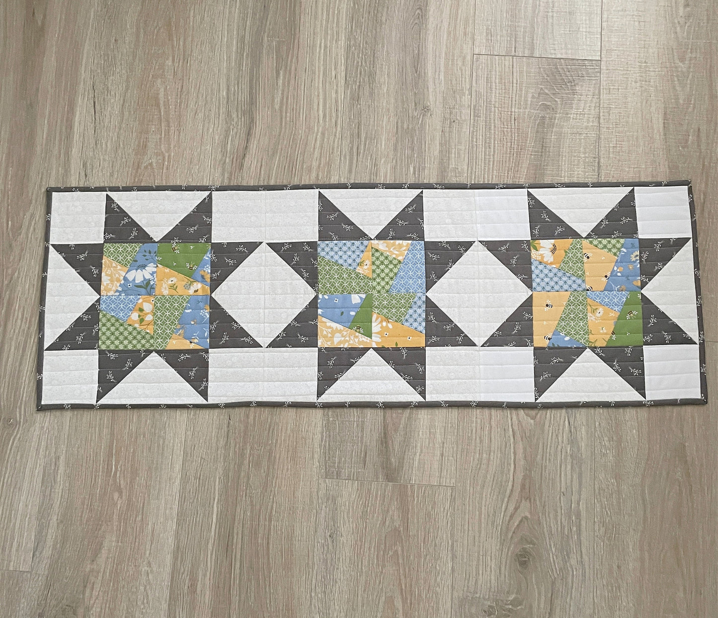 Quilted Table Runner, Farmhouse Scrappy Stars