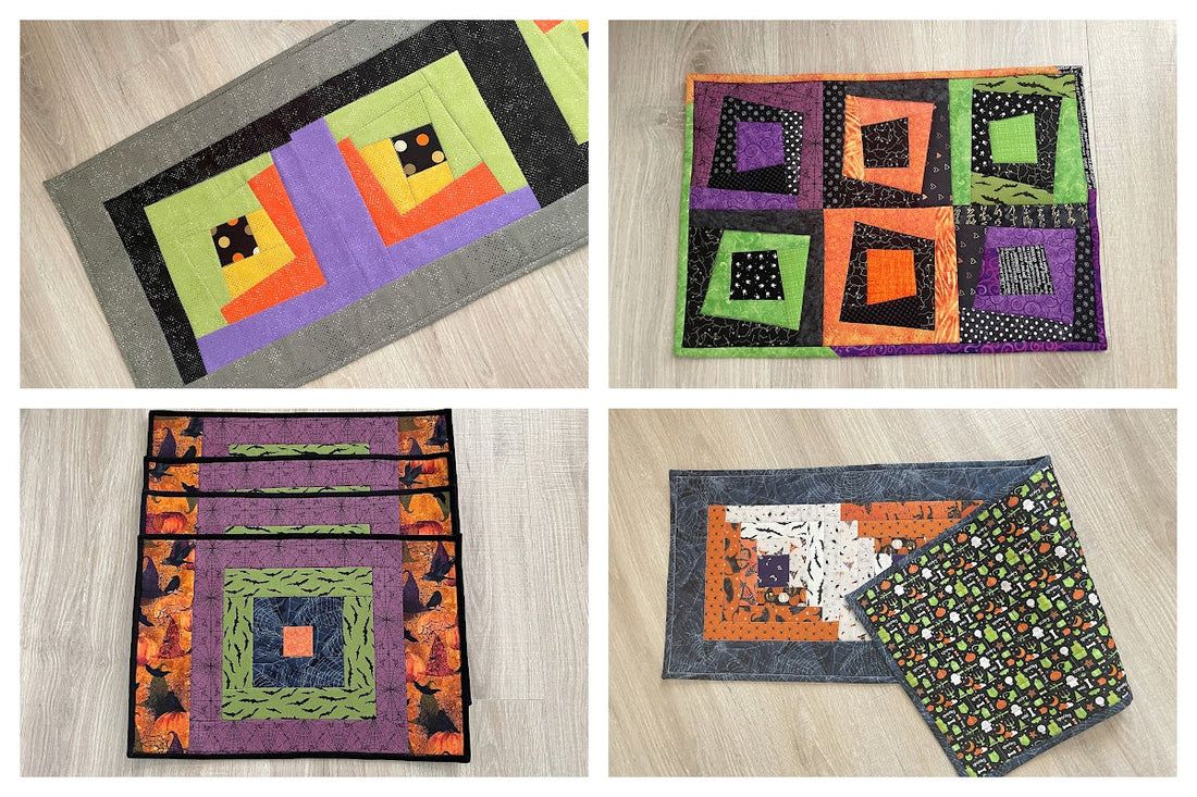 New for Halloween: Quilted Runners, Hot Pads and Placemats; Inspired by the Log Cabin Block