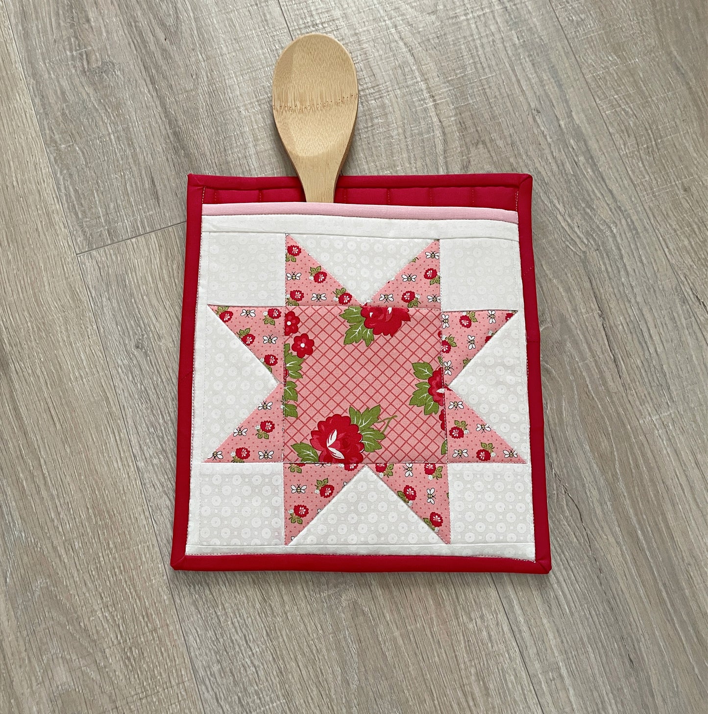 Quilted Handmade Potholders, Pink and Blue Floral Stars