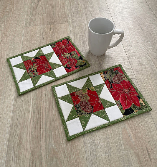 Quilted Fabric Mug Rug/ Coasters, Set of 2 Poinsettia Star Decor Drink Protectors