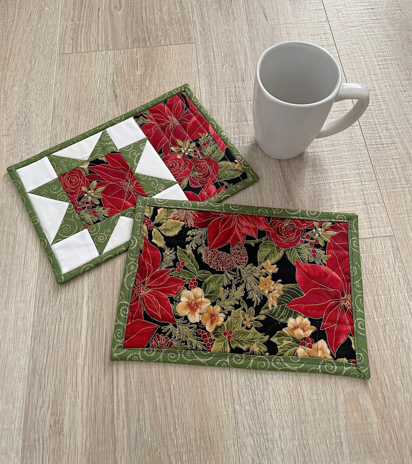 Quilted Fabric Mug Rug/ Coasters, Set of 2 Poinsettia Star Decor Drink Protectors