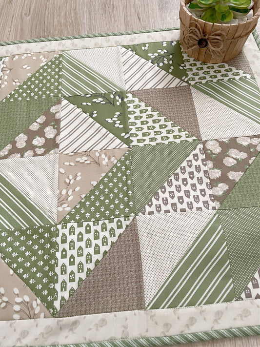 quilted green and taupe table runner .