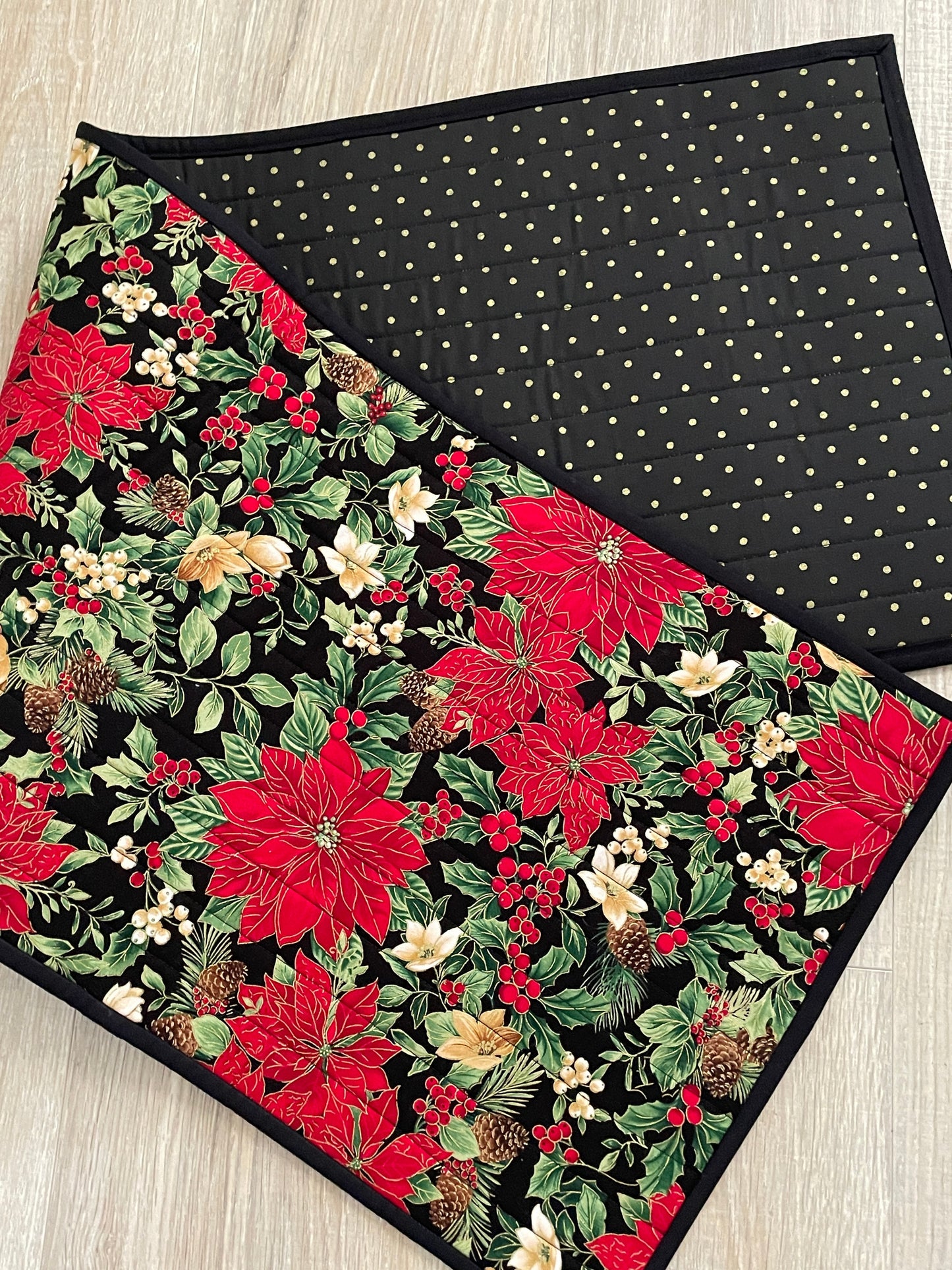 Quilted Christmas Table Runner, Beautiful Red and Black Poinsettia Handmade Runner