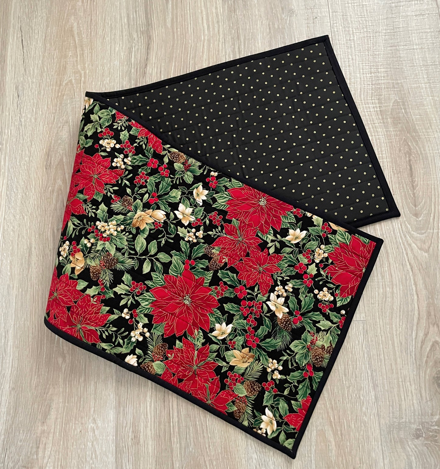 Quilted Christmas Table Runner, Beautiful Red and Black Poinsettia Handmade Runner