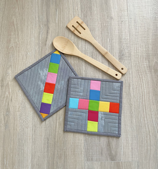 Modern Patchwork Quilted Pot Holders, Set of 2 Handmade Kitchen Hot Pads, Mug Rugs or Trivets in Bright Colors