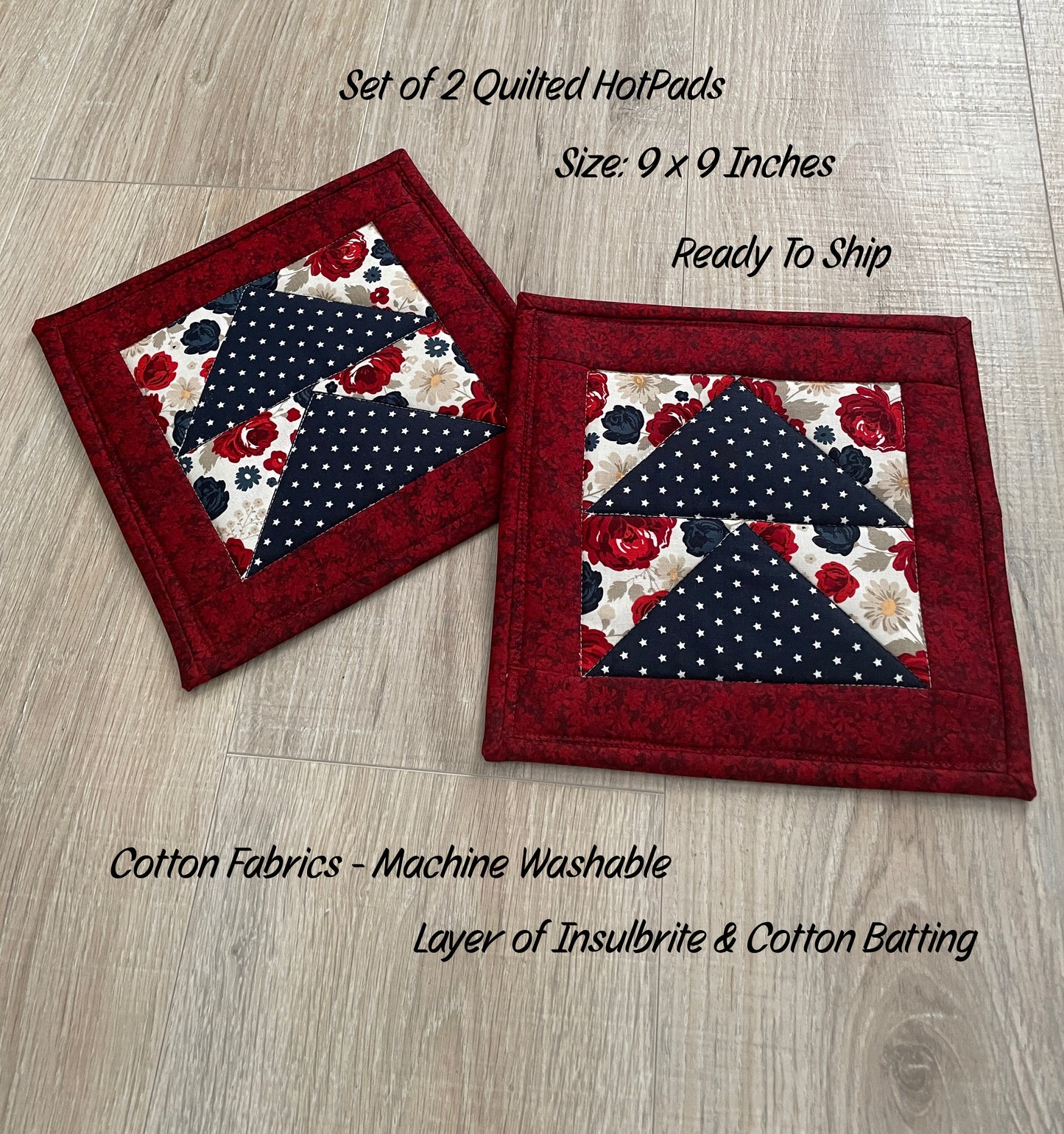 Patriotic Quilted Hot Pads, Set of 2 Country Kitchen Handmade Pot Holders or Trivet for Hot Dishes