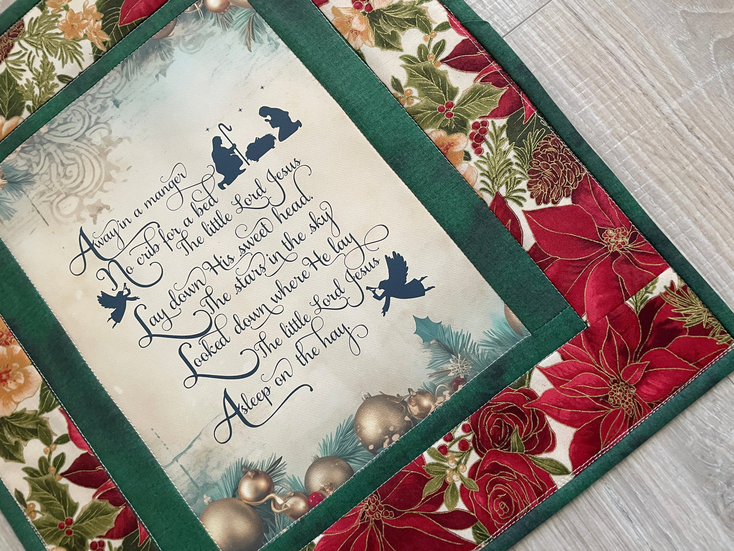 Away in a Manger Quilted Christmas Wall Hanging – 14 x 26 Poinsettia Mini Quilt