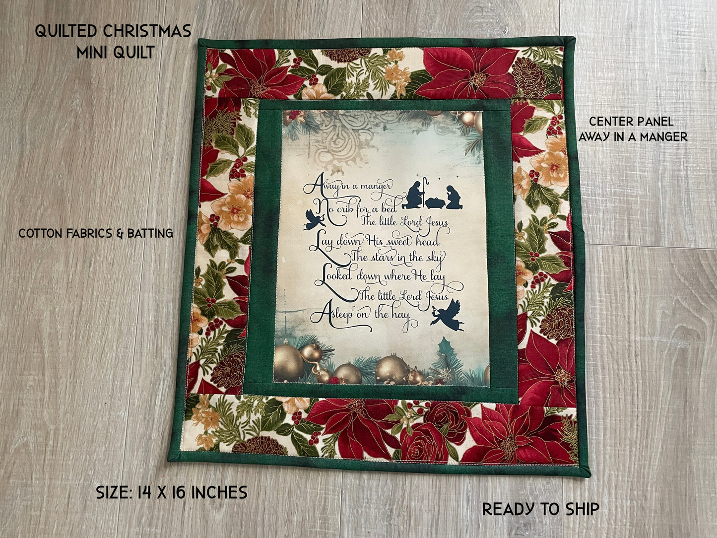 Away in a Manger Quilted Christmas Wall Hanging – 14 x 26 Poinsettia Mini Quilt