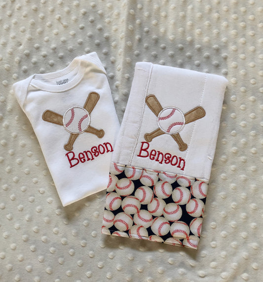 Baseball Baby Boy Gift Set - Personalized Bodysuit and Burp Cloth