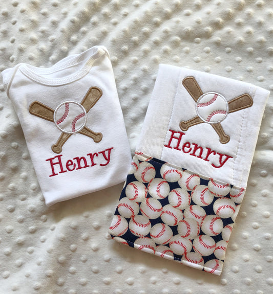 Baseball Baby Boy Gift Set - Personalized Bodysuit and Burp Cloth