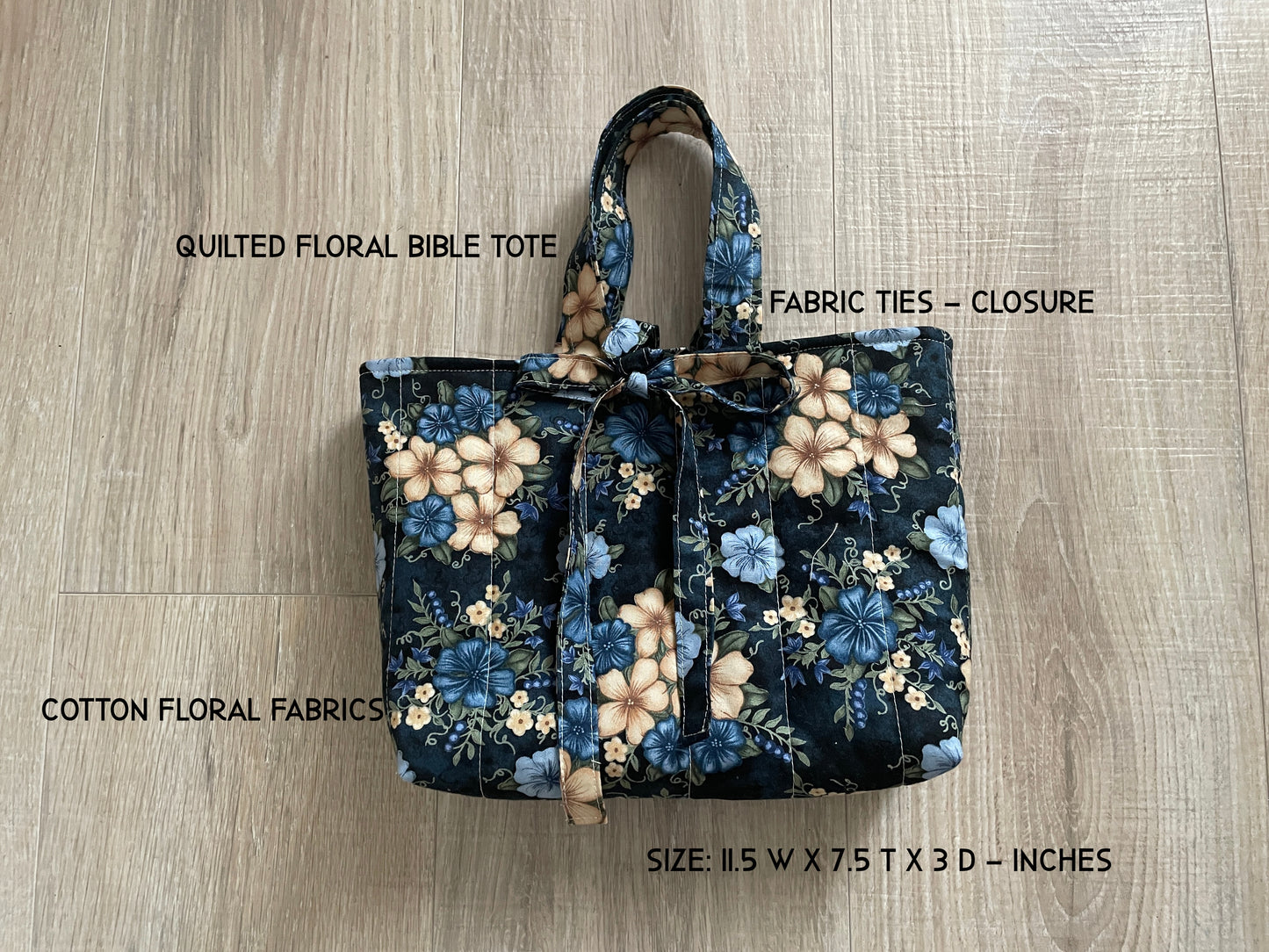 Navy Floral Quilted Bible Tote with Ties