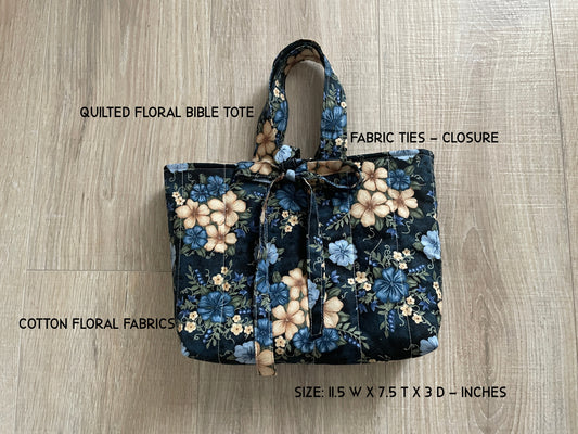 Navy Floral Quilted Bible Tote with Ties