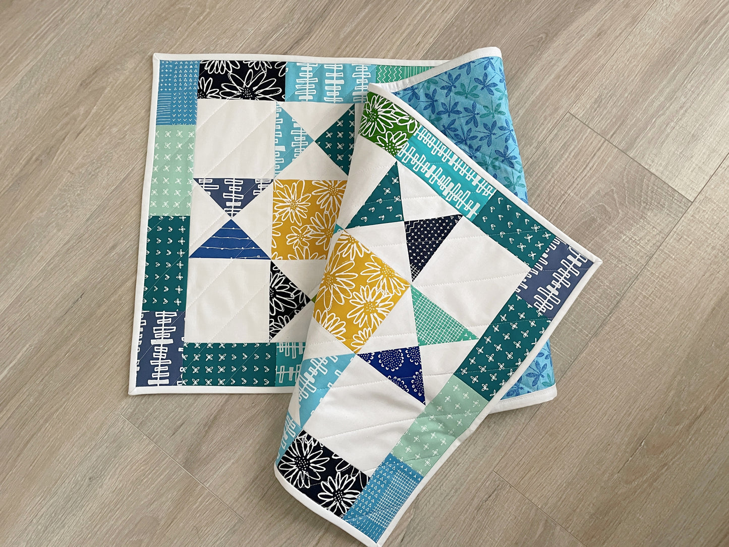 Blue & Green Ohio Star Quilted Table Runner, Modern Coastal Decor