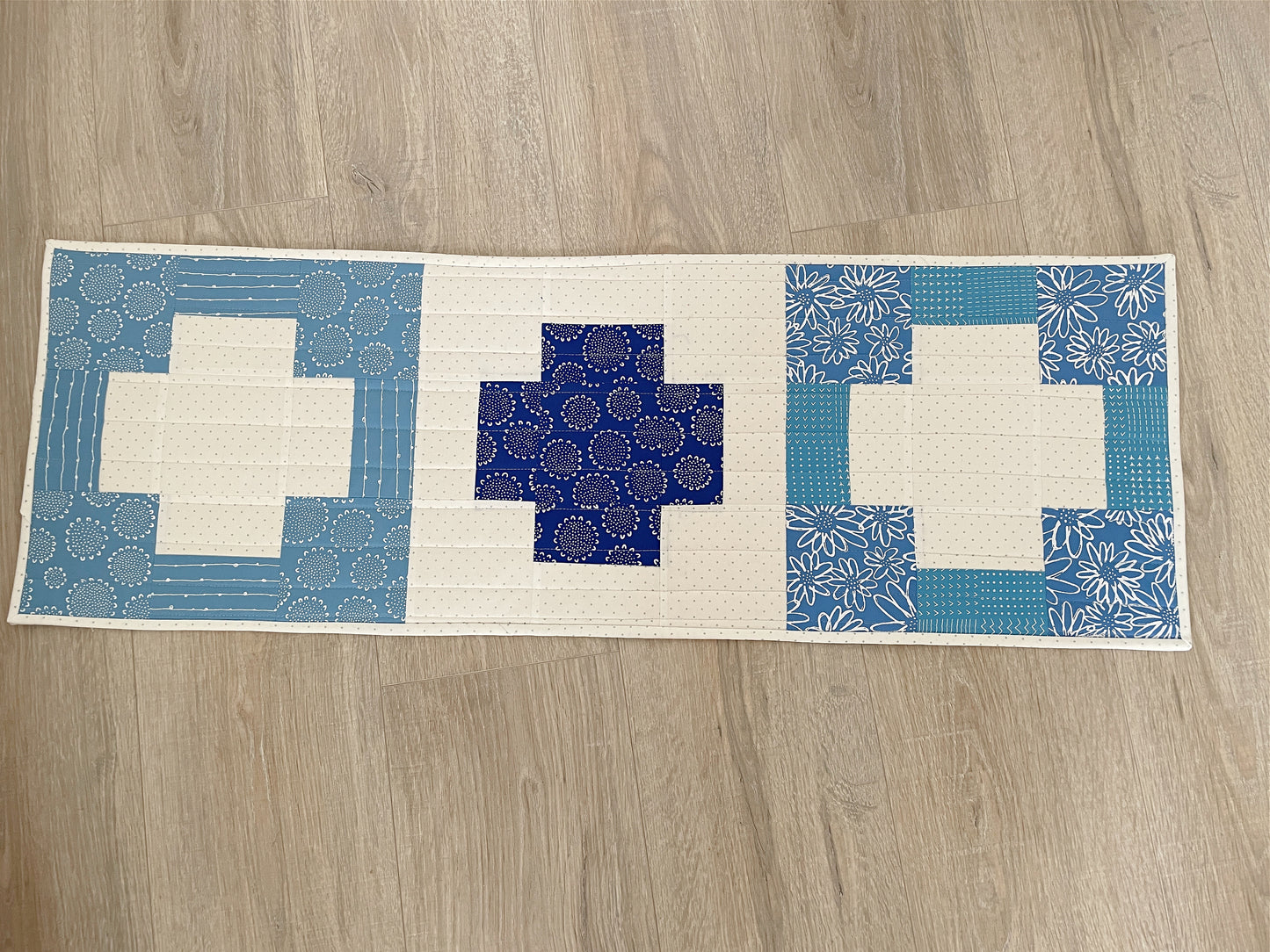 Quilted Table Runner, Blue and White Modern Cross, Spring Table Decor