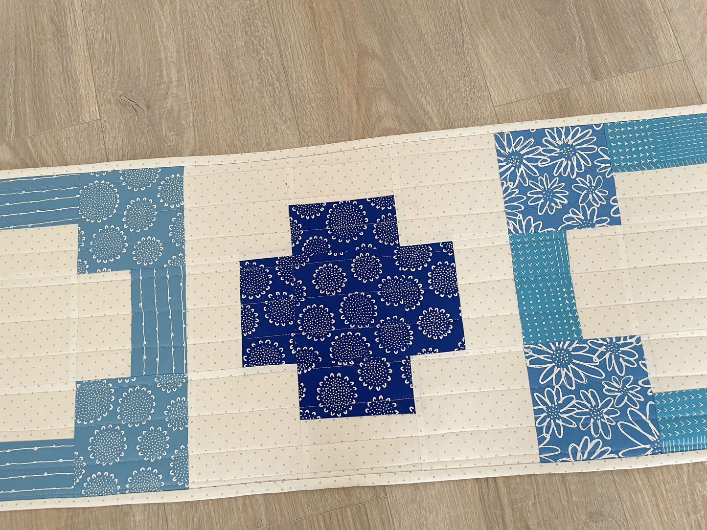 Quilted Table Runner, Blue and White Modern Cross, Spring Table Decor