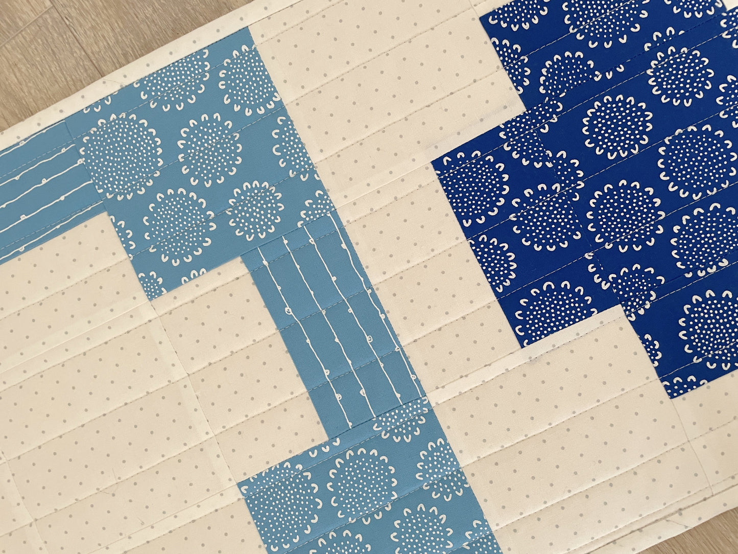 Quilted Table Runner, Blue and White Modern Cross, Spring Table Decor