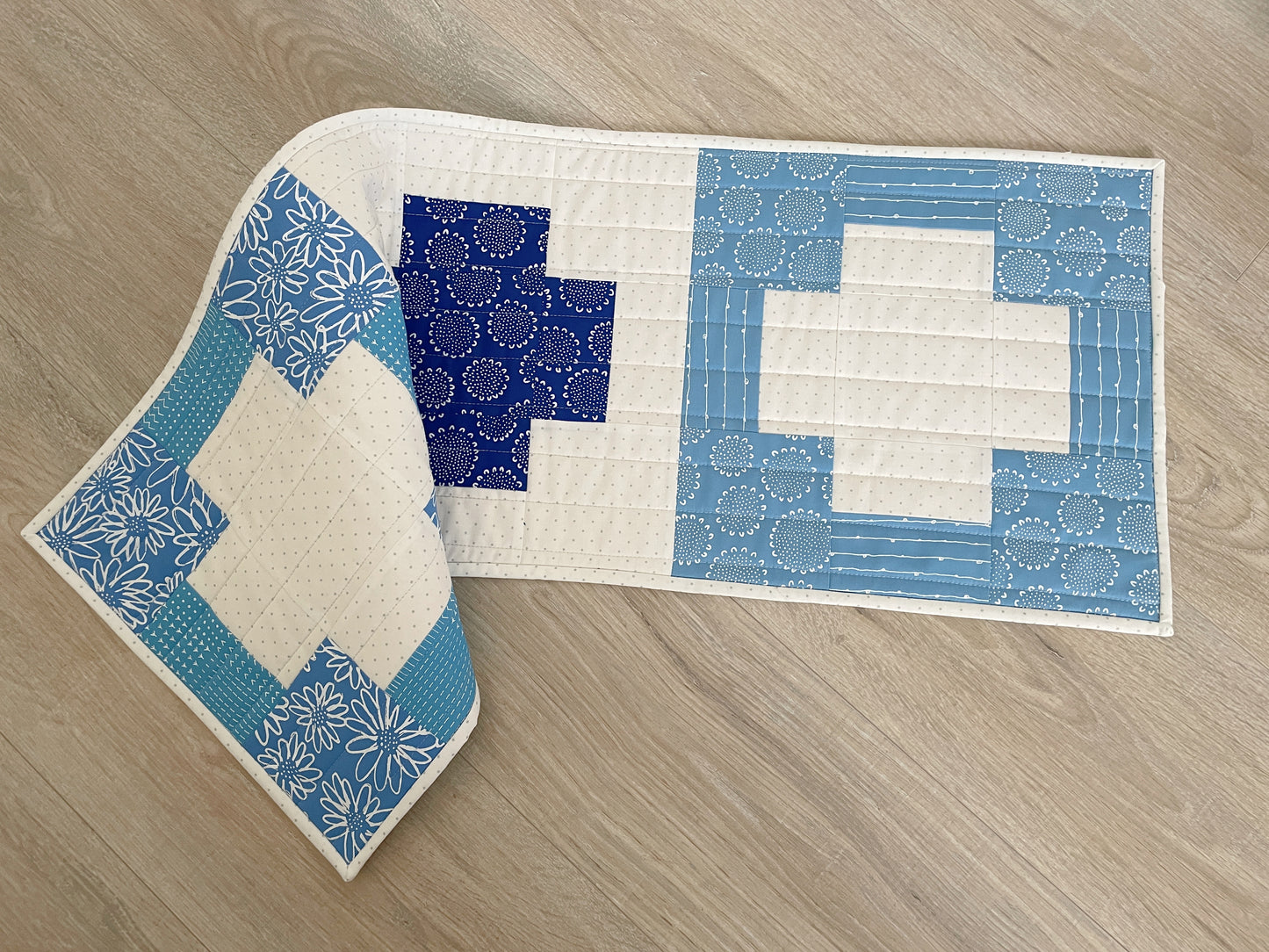 Quilted Table Runner, Blue and White Modern Cross, Spring Table Decor
