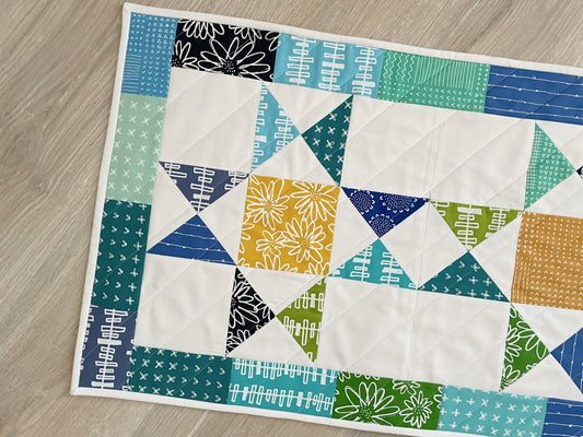 Blue & Green Ohio Star Quilted Table Runner, Modern Coastal Decor