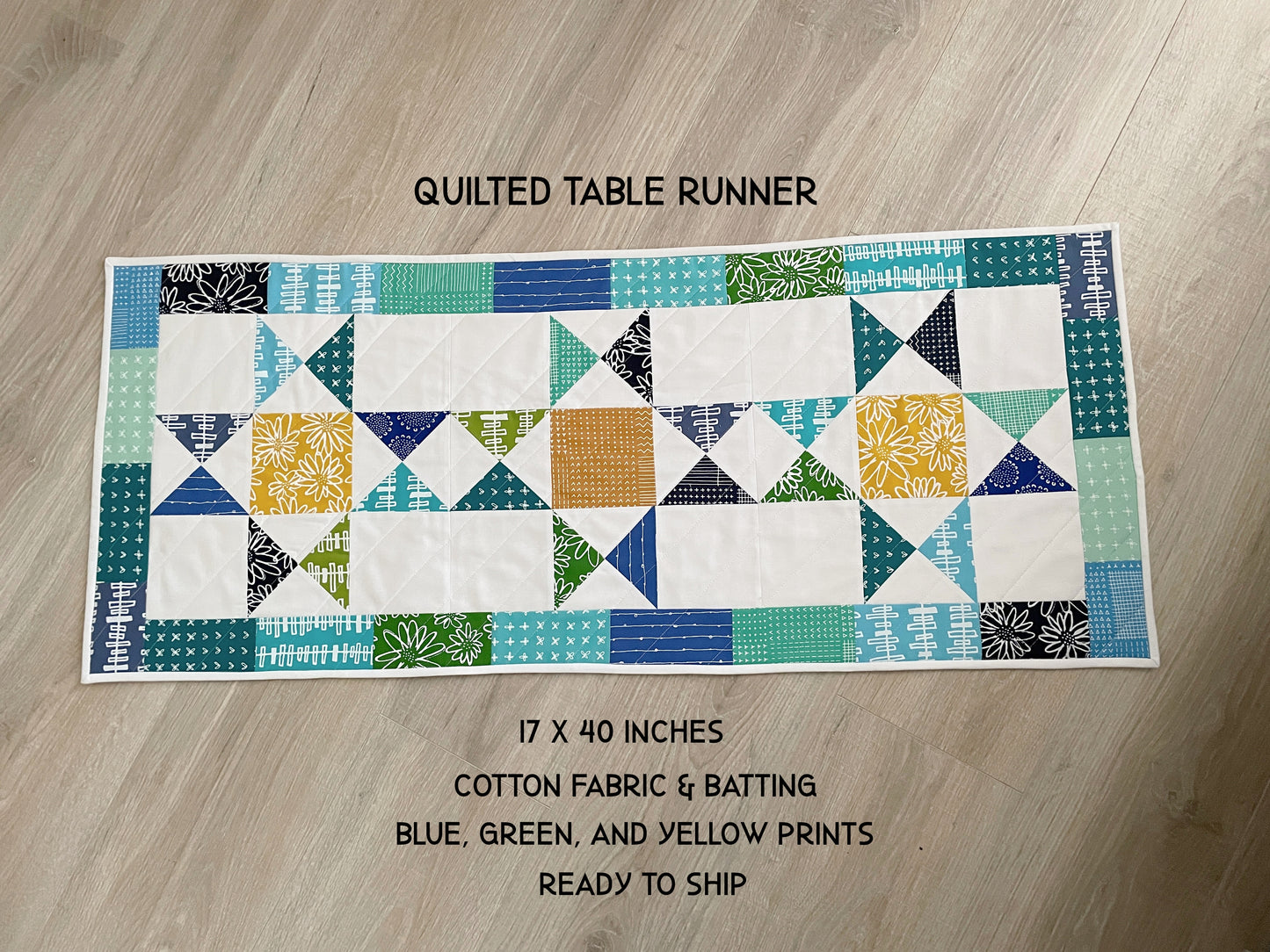 Blue & Green Ohio Star Quilted Table Runner, Modern Coastal Decor