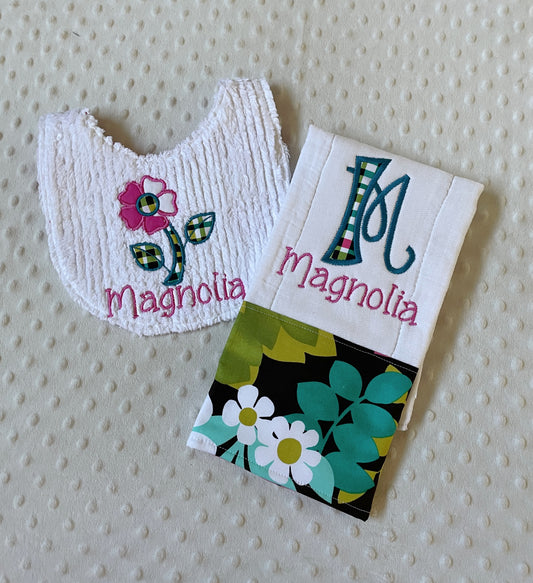 personalized baby girl bib and burp cloth set with flower embroidery in pink and teal