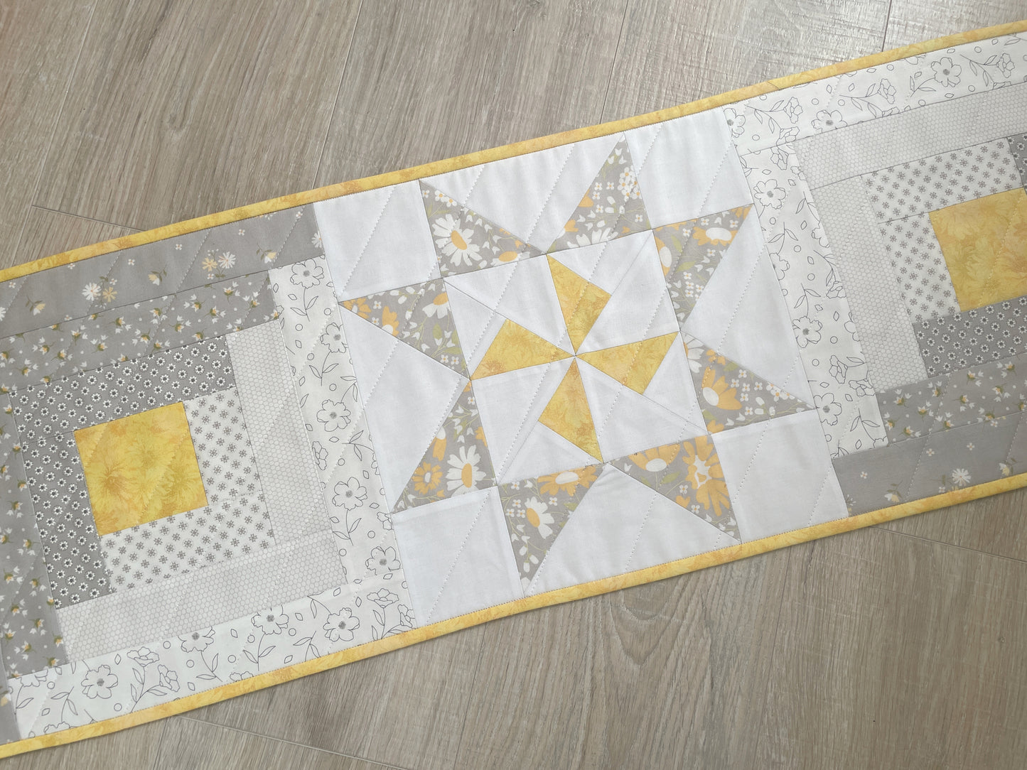 Modern Table Runner: Log Cabin Star Quilt,Gray,White & Yellow Patchwork
