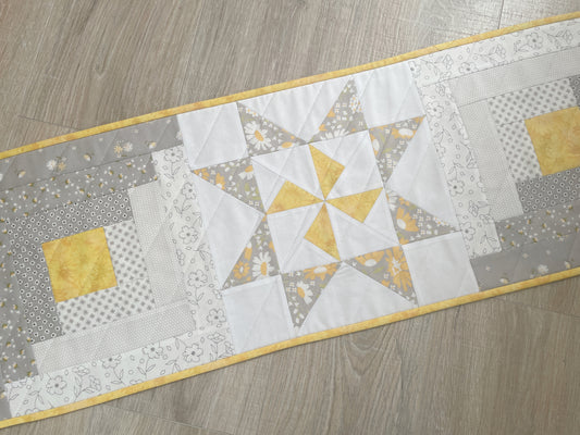 Modern Table Runner: Log Cabin Star Quilt,Gray,White & Yellow Patchwork