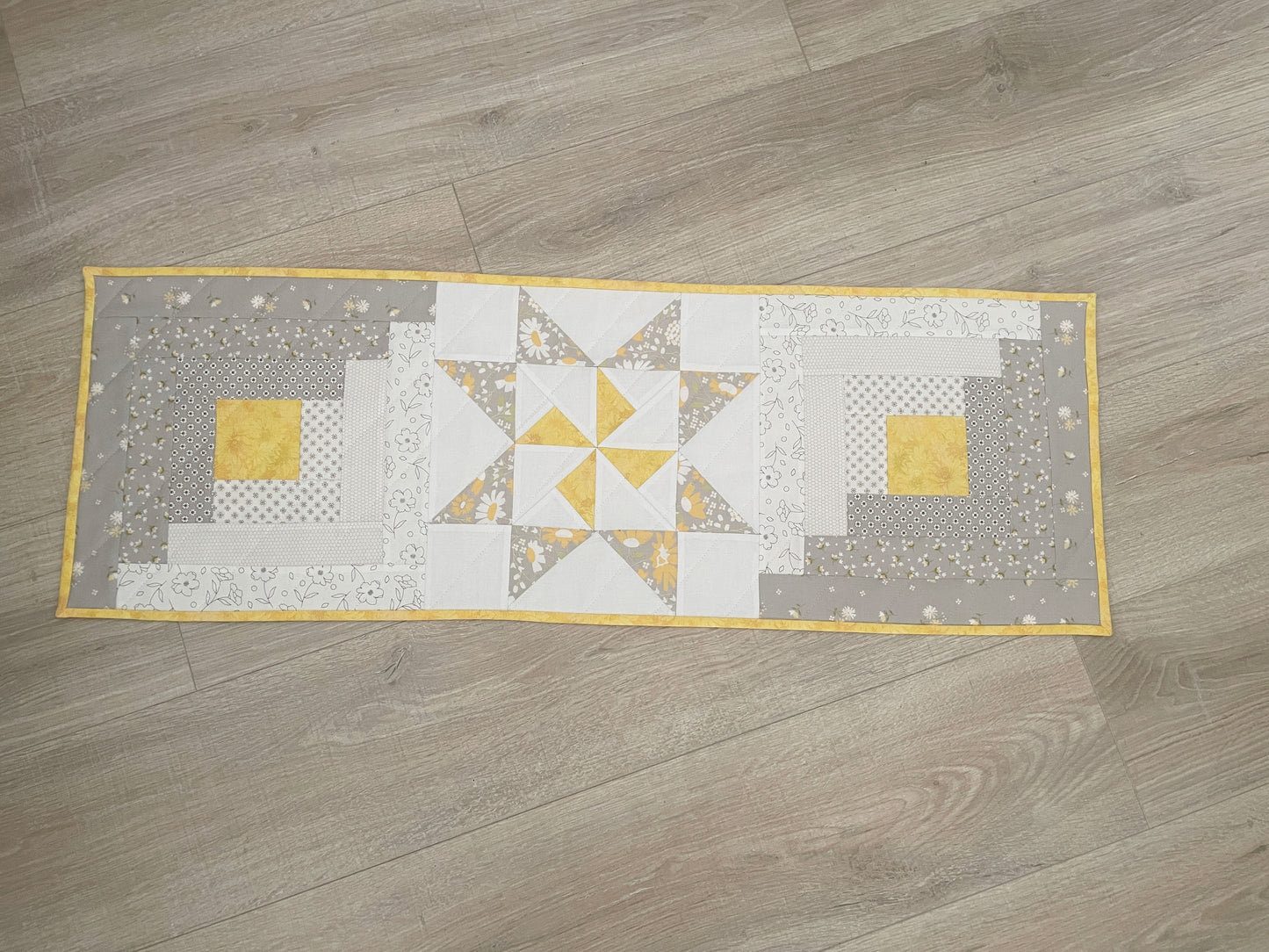 Modern Table Runner: Log Cabin Star Quilt,Gray,White & Yellow Patchwork
