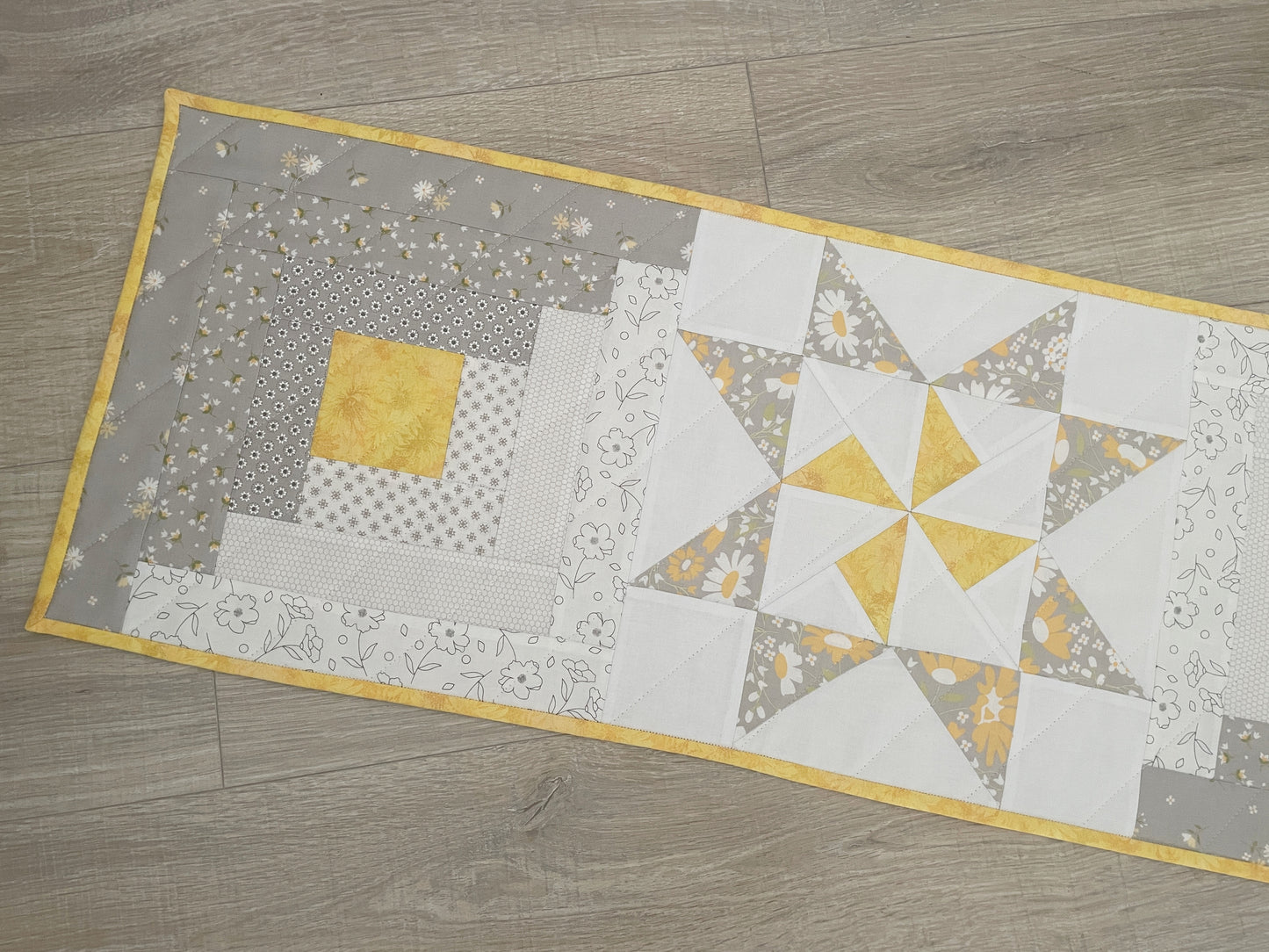 Modern Table Runner: Log Cabin Star Quilt,Gray,White & Yellow Patchwork