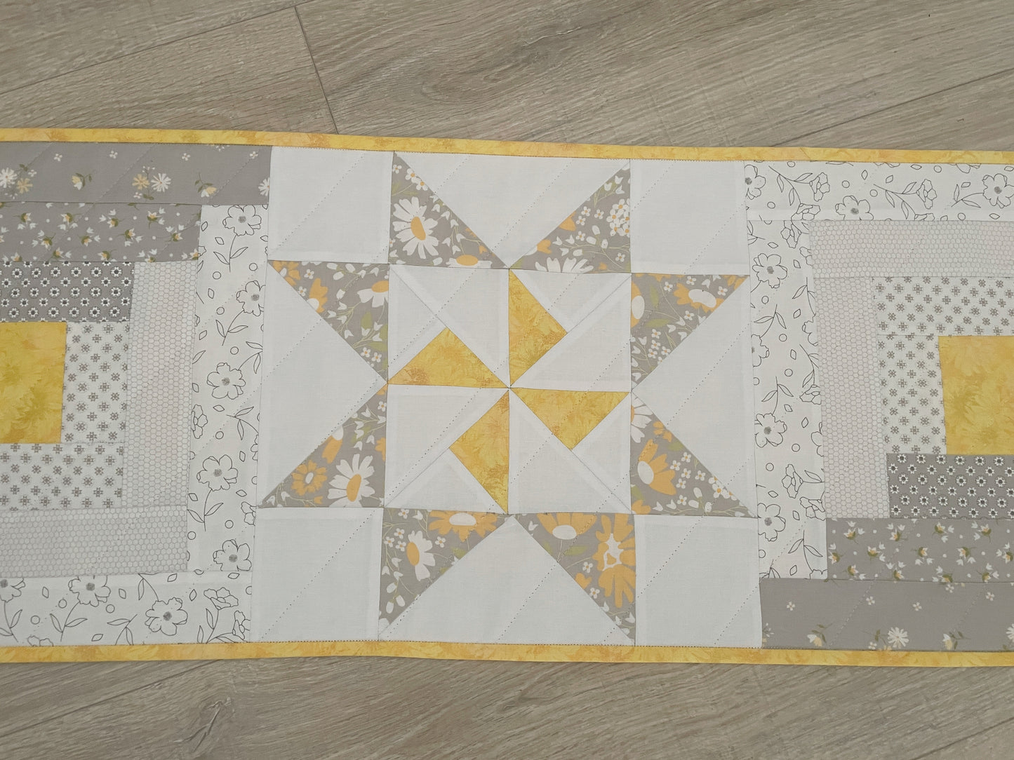 Modern Table Runner: Log Cabin Star Quilt,Gray,White & Yellow Patchwork