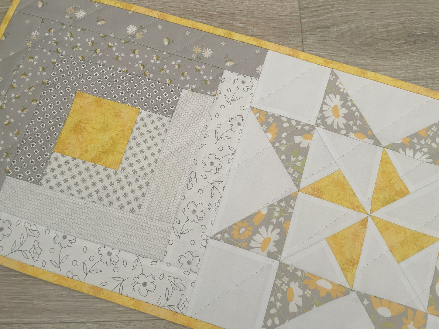 Modern Table Runner: Log Cabin Star Quilt,Gray,White & Yellow Patchwork