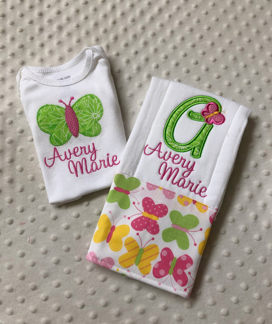 baby girl personalized bodysuit and burp cloth gift set with a butterfly theme