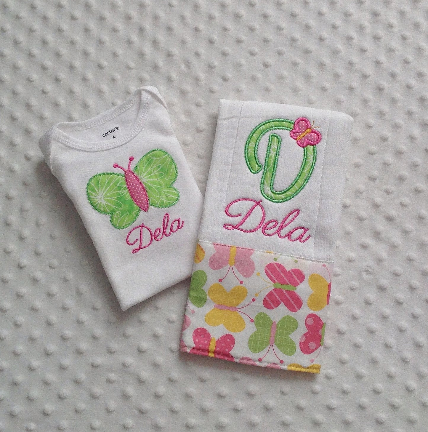 baby girl personalized bodysuit and burp cloth gift set with a butterfly theme