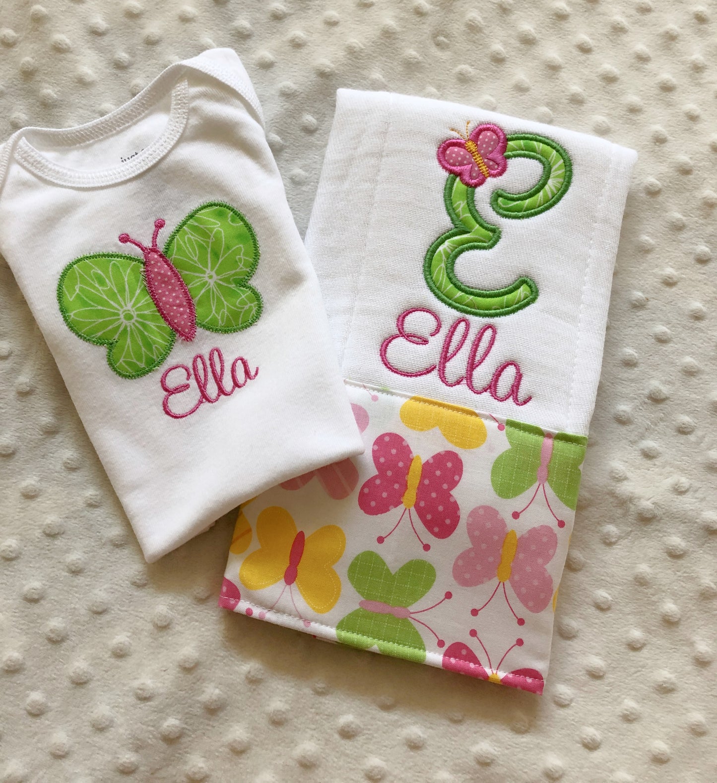 baby girl personalized bodysuit and burp cloth gift set with a butterfly theme