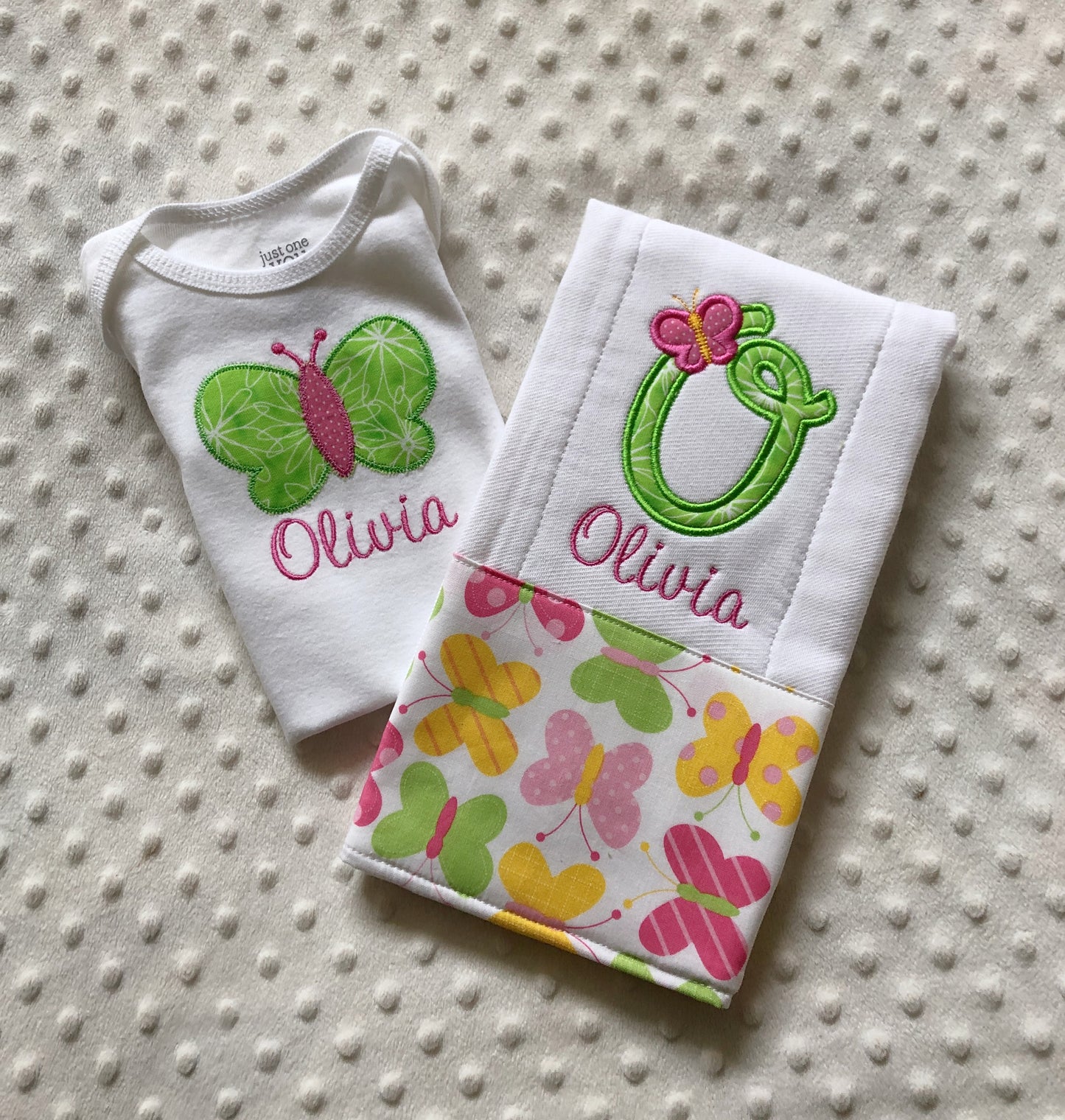 baby girl personalized bodysuit and burp cloth gift set with a butterfly theme