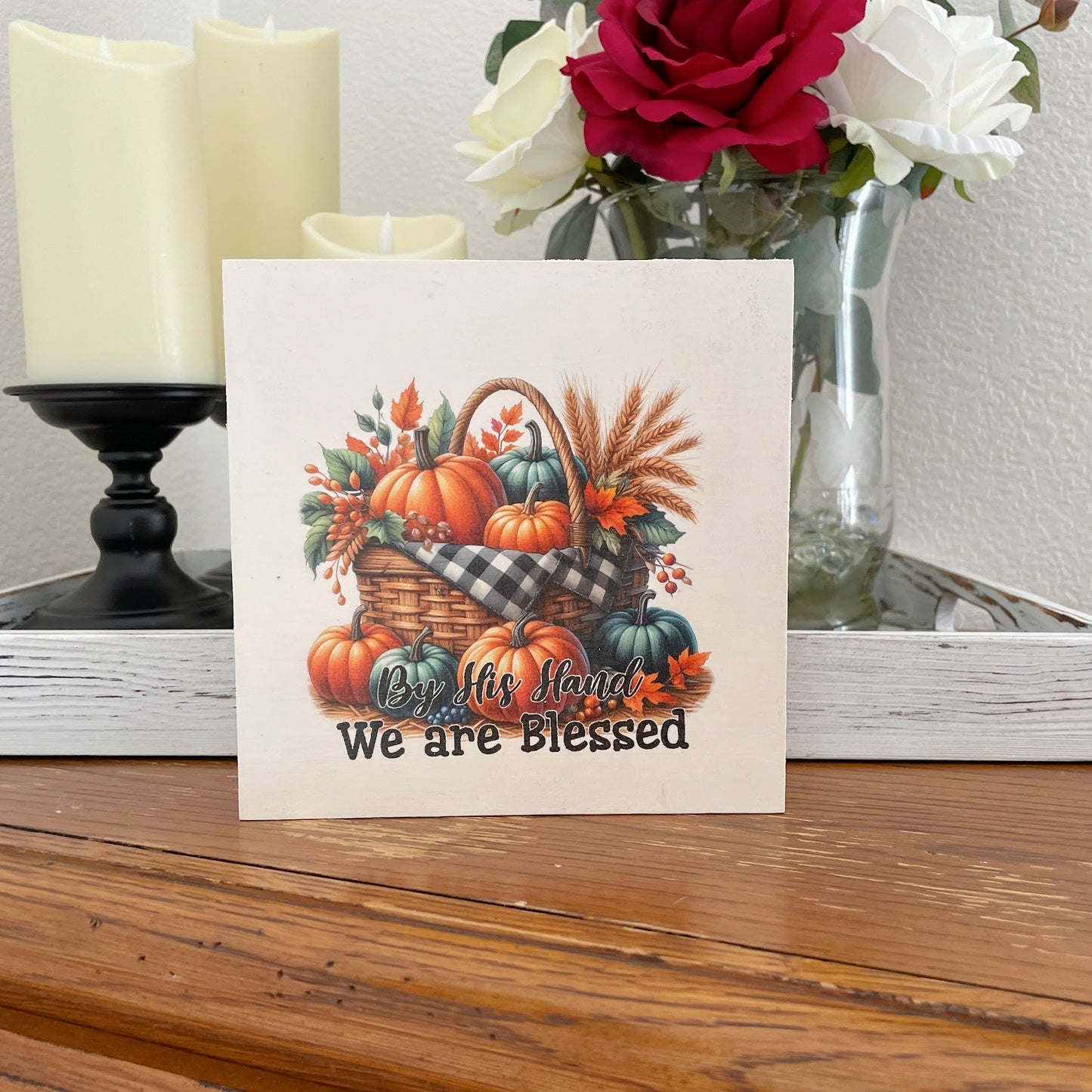By His Hand We Are Blessed – Autumn Wood Sign, Faith-Based Shelf Sitter, Rustic Scripture Home Decor