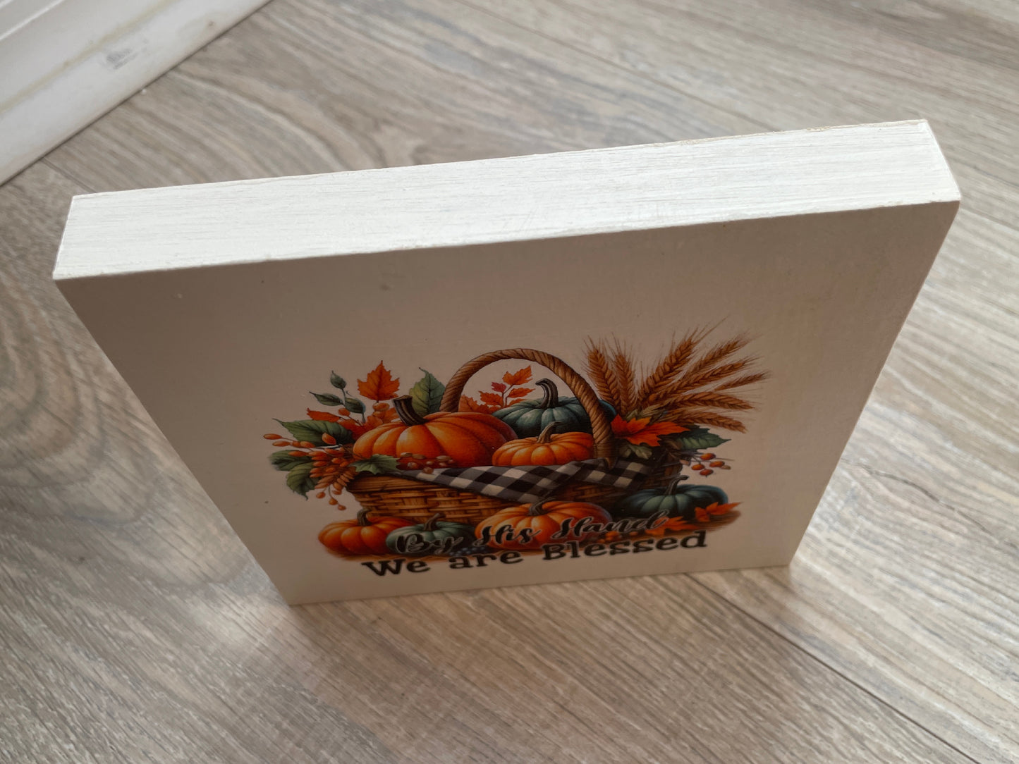 By His Hand We Are Blessed – Autumn Wood Sign, Faith-Based Shelf Sitter, Rustic Scripture Home Decor