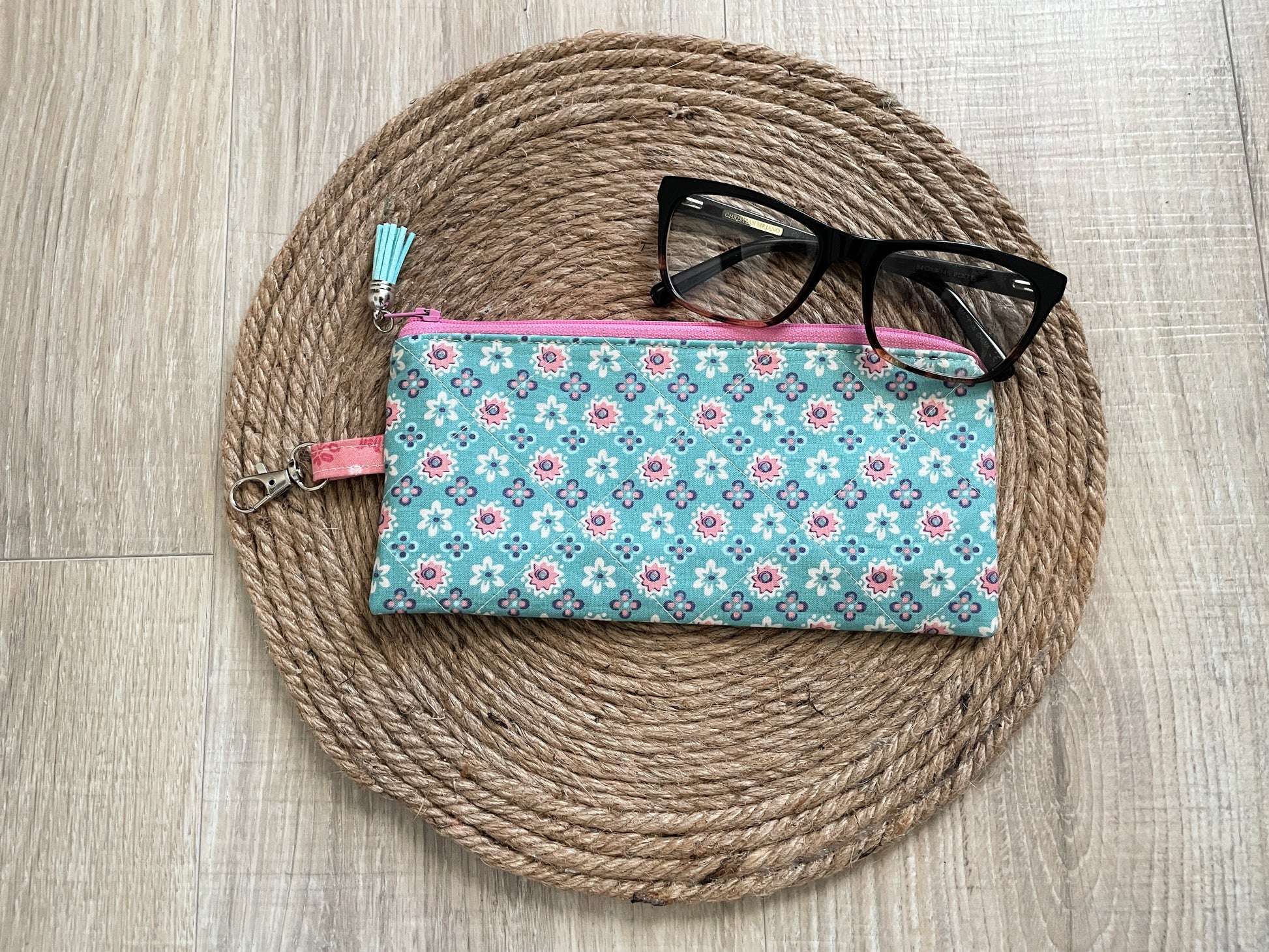 “Aqua and pink floral eyewear case made with vintage‑inspired Lori Holt Calico Days fabric.”