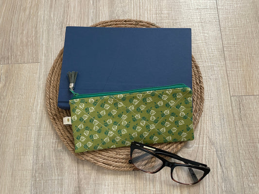 Green maple rose eyewear case made with vintage‑inspired Lori Holt Calico Days fabric.”