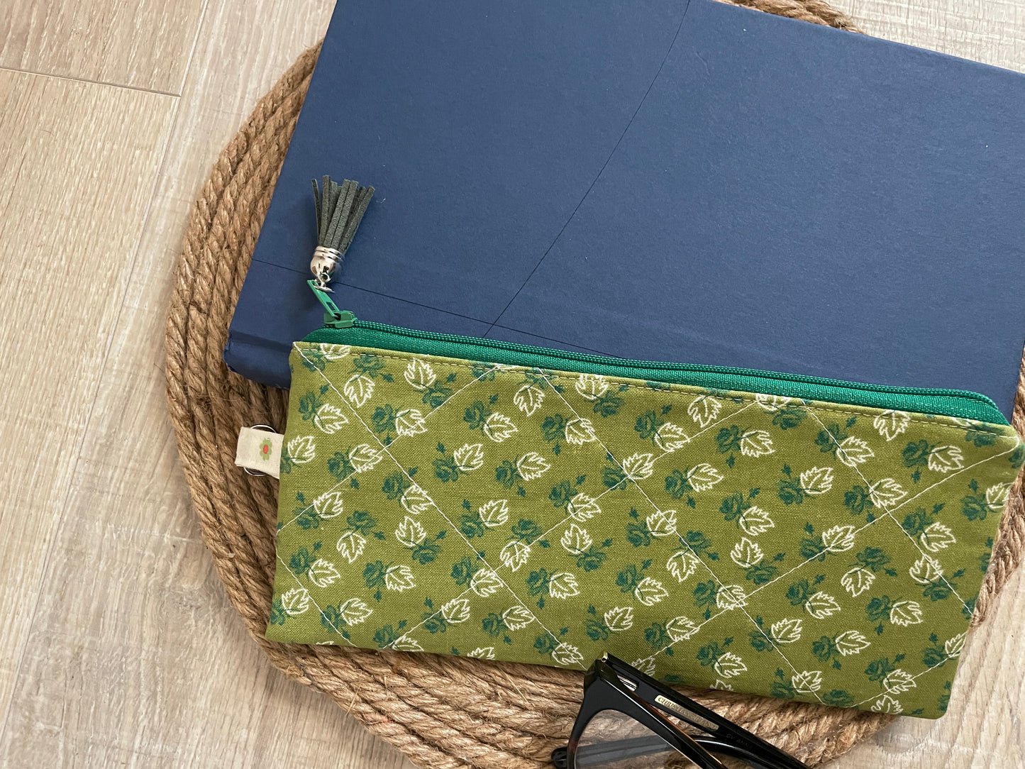 Green maple rose eyewear case made with vintage‑inspired Lori Holt Calico Days fabric.”