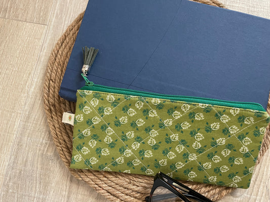 Green maple rose eyewear case made with vintage‑inspired Lori Holt Calico Days fabric.”