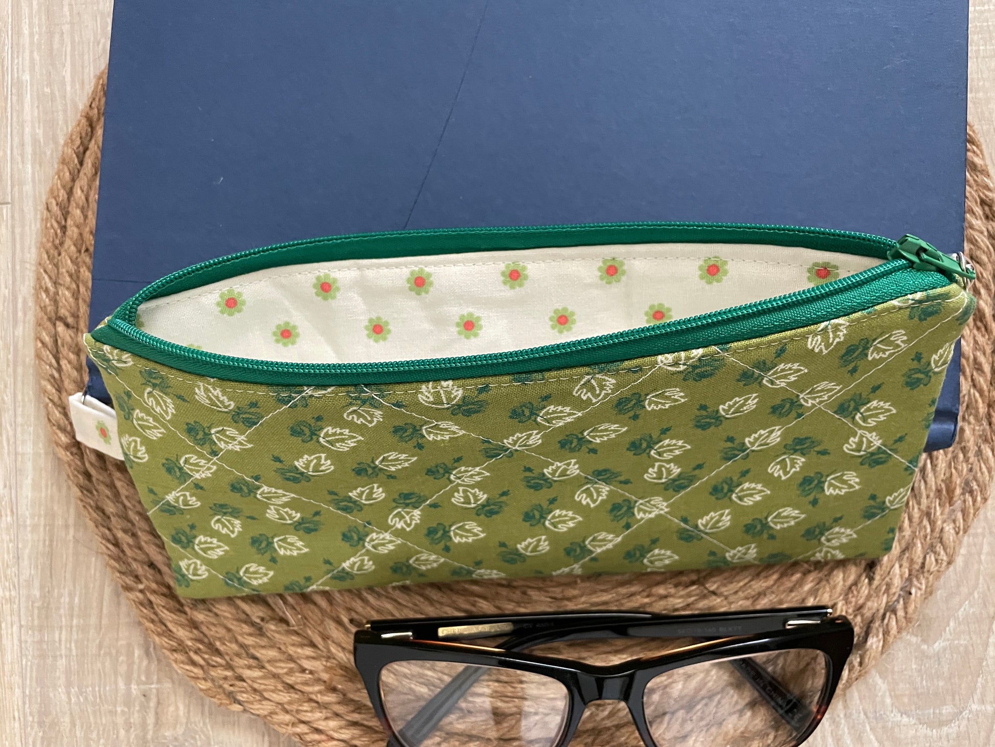 Green maple rose eyewear case made with vintage‑inspired Lori Holt Calico Days fabric.”