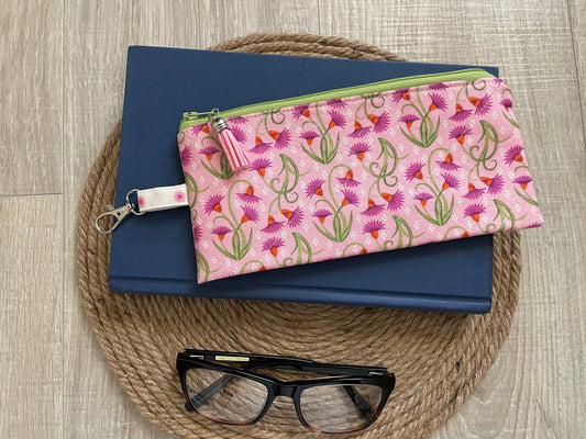 Pink & Green Coneflower Eyewear Case – Vintage‑Inspired Zipper Pouch with Tassel and Clip