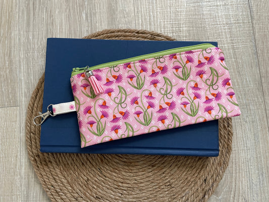 Pink & Green Coneflower Eyewear Case – Vintage‑Inspired Zipper Pouch with Tassel and Clip
