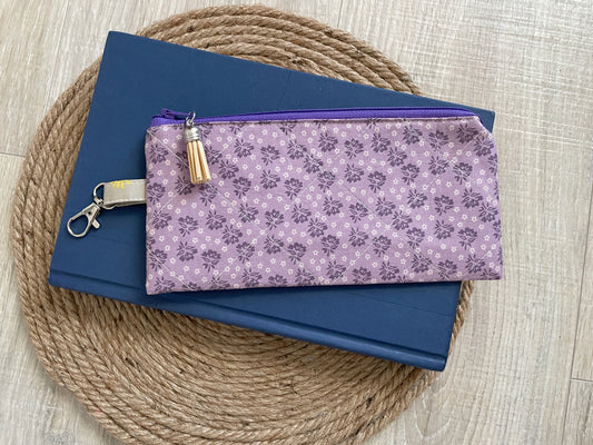 Purple ditzy floral eyewear case made with vintage‑inspired Lori Holt Calico Days fabric.”